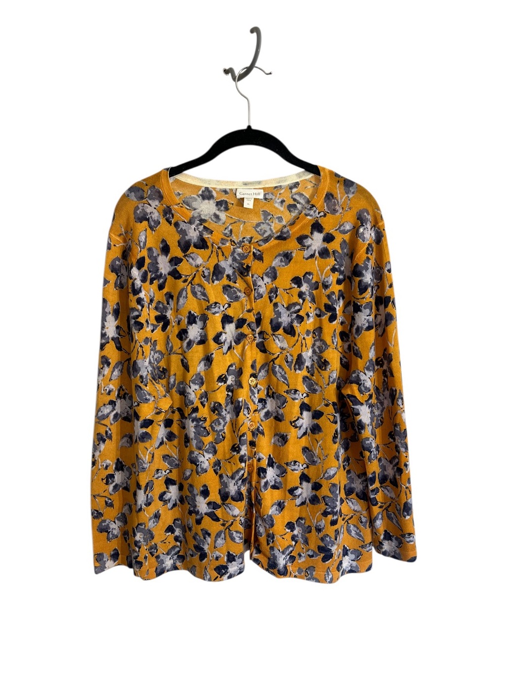Garnet Hill Signature Eco Merino Wool cardigan yellow gold floral sz XL spring